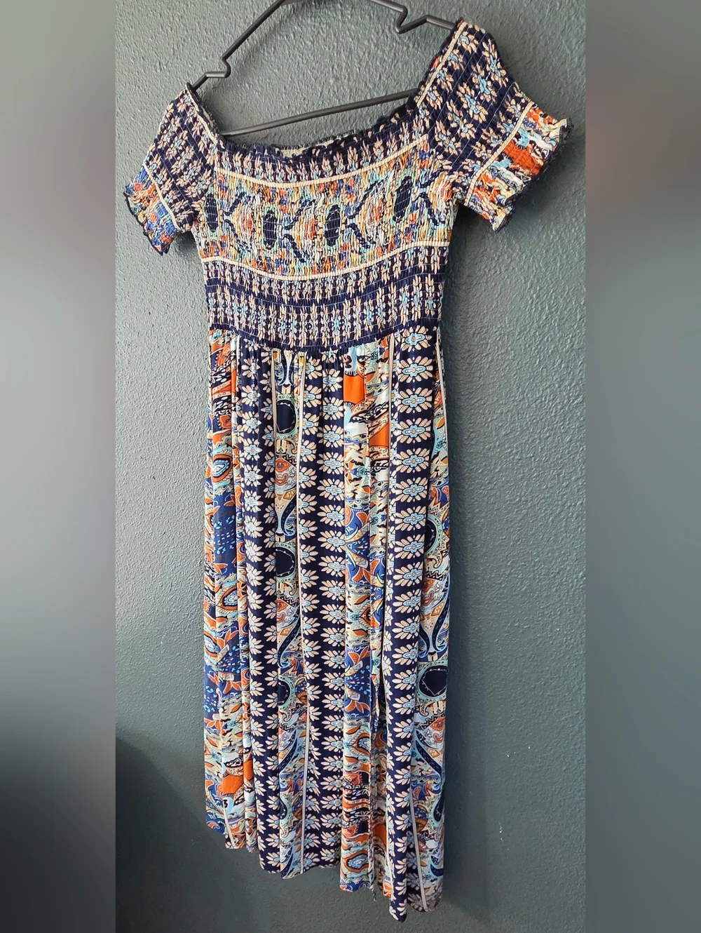 Women's Dress Boho Floral Print Off Shoulder Split Long A Line Beach Sun dress - Picture 4 of 8
